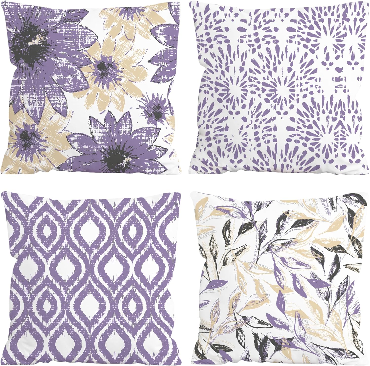 Boho Blue Throw Pillow Cover — 18" — Purple Floral Leaves