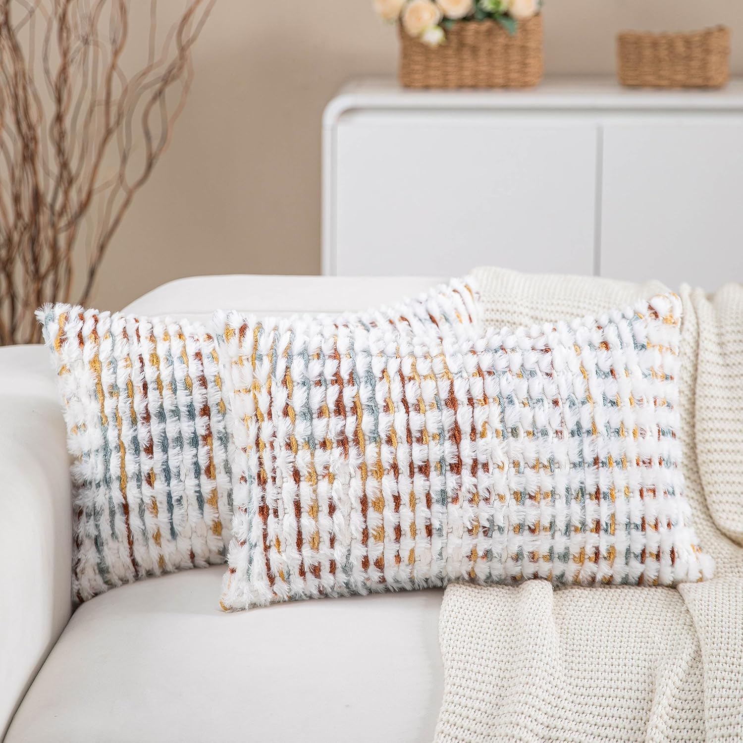 Tufted Boho Blue Throw Pillow Cover — 18" — Yellow