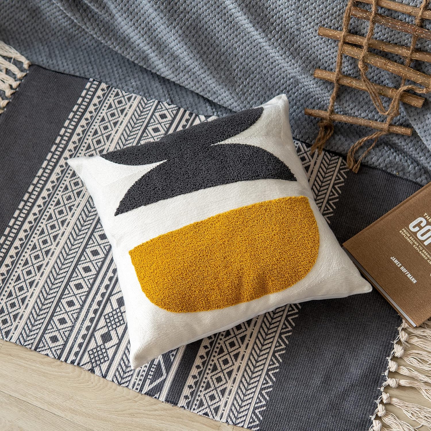 Lumbar Boho Black Pillow Cover — 20" — Black Mustard