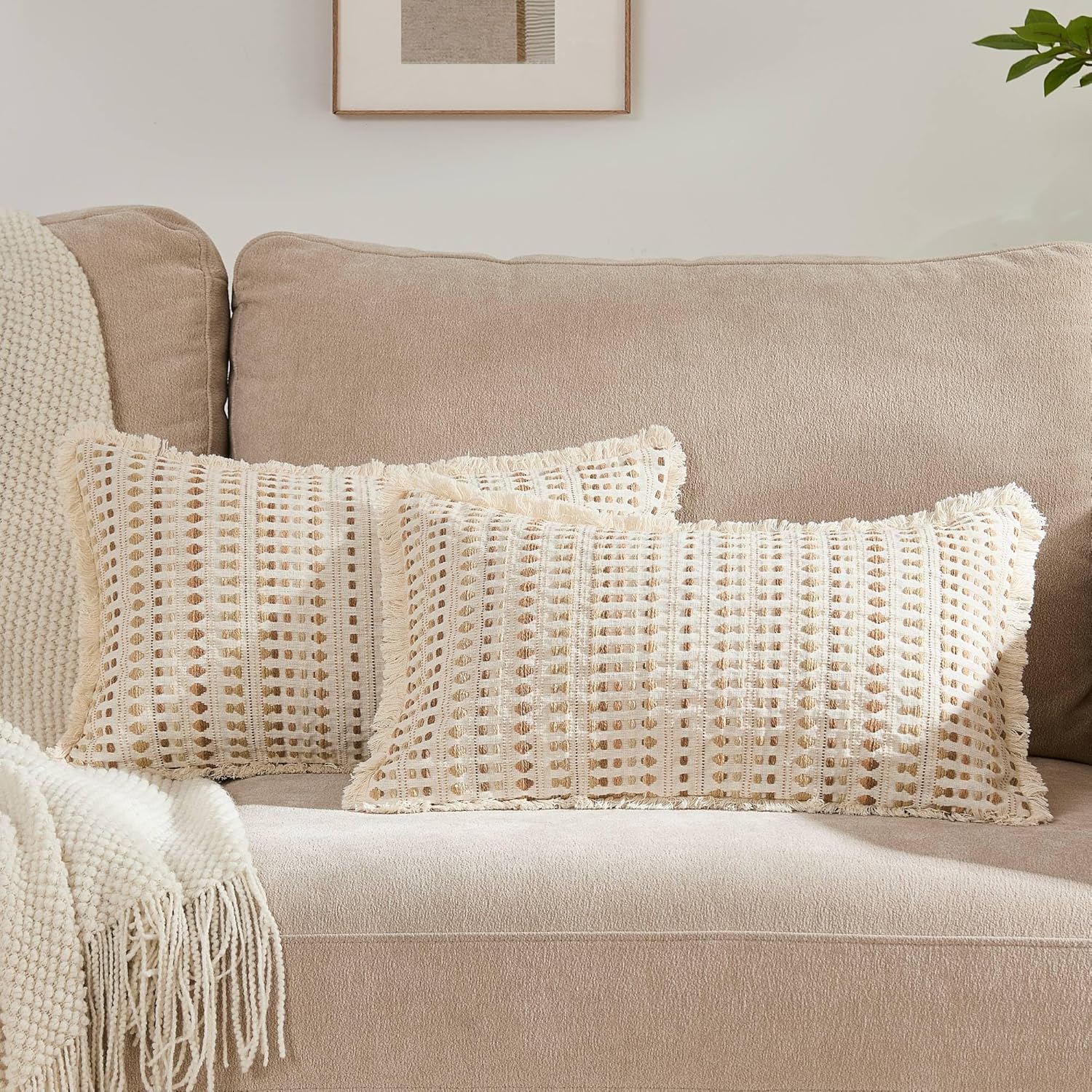 Embroidered Boho Beige Throw Pillow Cover — 20" — Beige