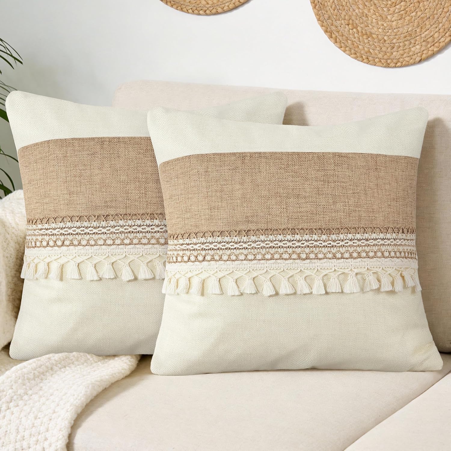 Linen Boho Beige Throw Pillow Cover — 18" — Boho Beige Tassles-b