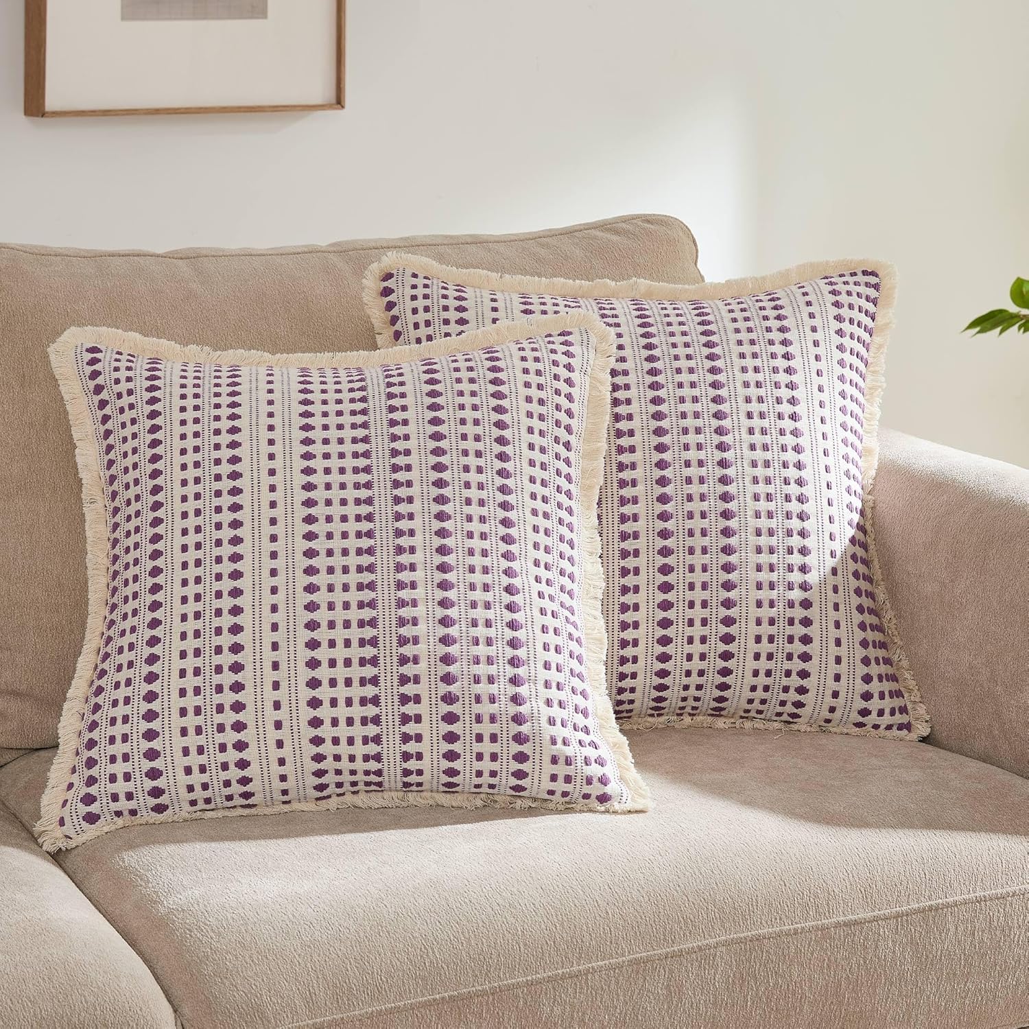 Embroidered Boho Beige Throw Pillow Cover — 20" — Purple