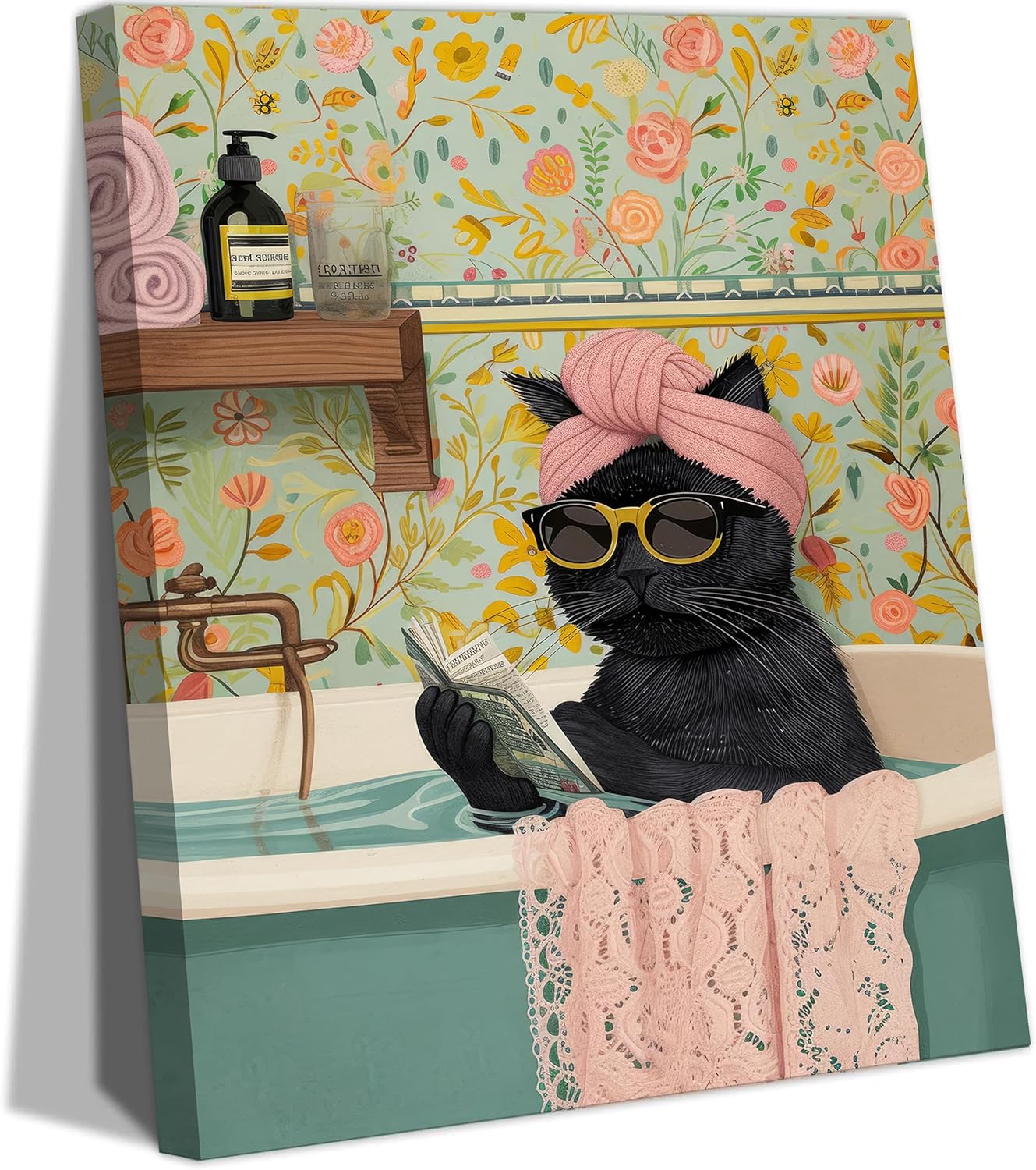 Vintage Metal Canvas Wall Art — 12x16 — Bathtub Cat