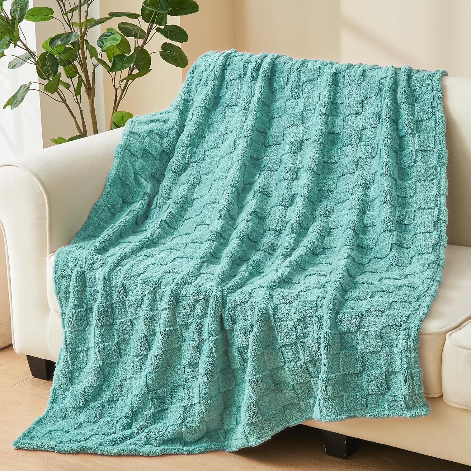 Beige Throw Pillow — 50" — Mint Green Checkered
