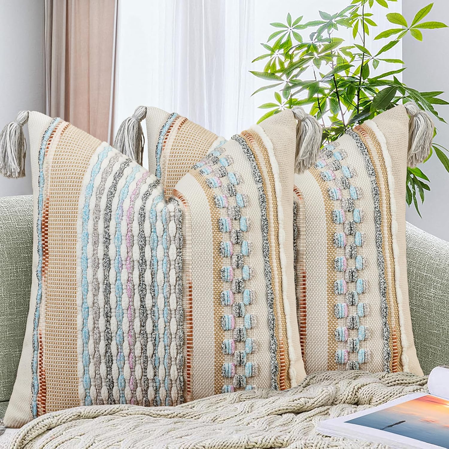 Chenille Boho Beige Throw Pillow Cover — 18" — 18" x 18" (Pack of 2)