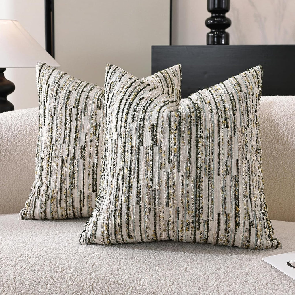 Chenille Boho Beige Throw Pillow Cover — 18" — Green