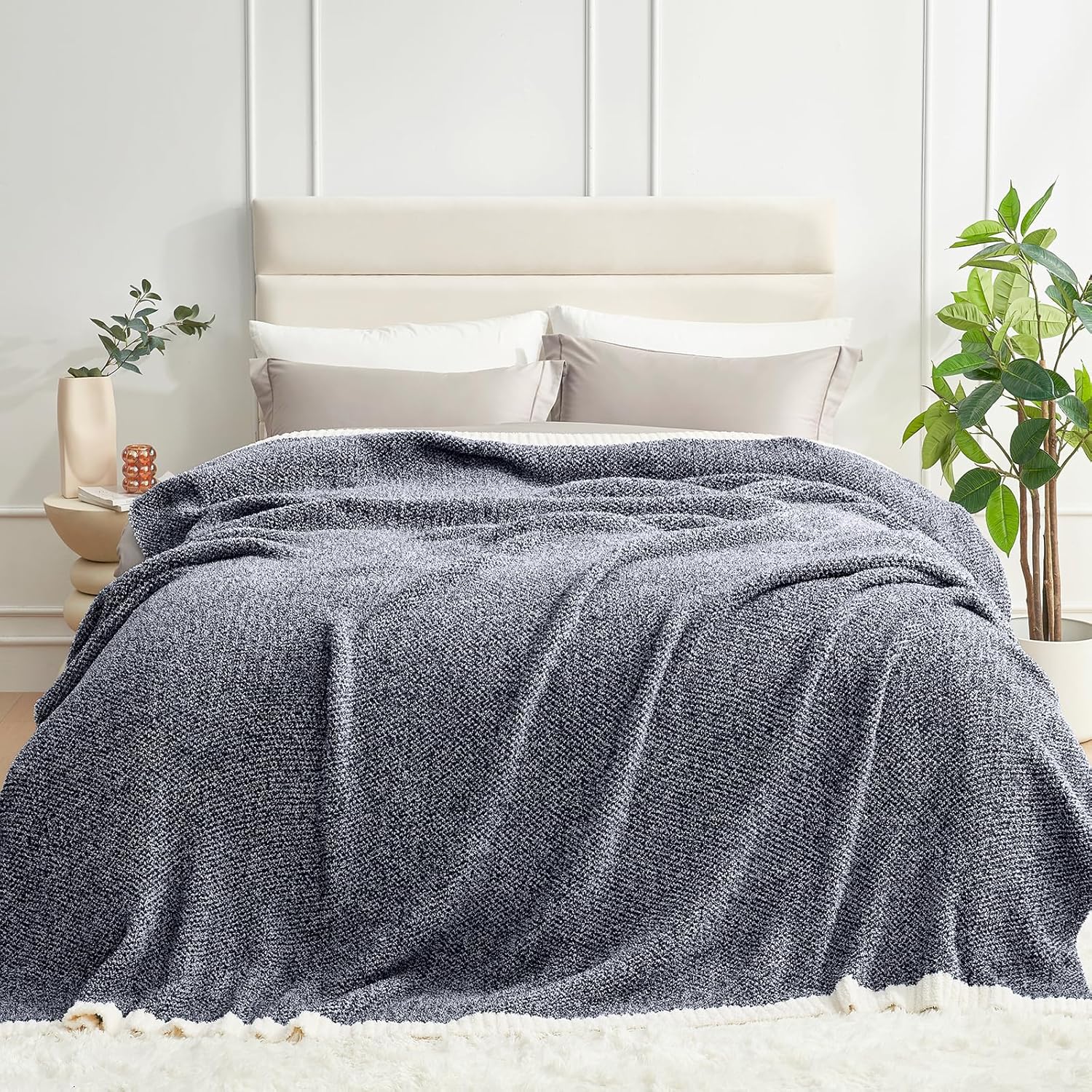Knit Beige Throw Pillow — 50" — Heather Navy