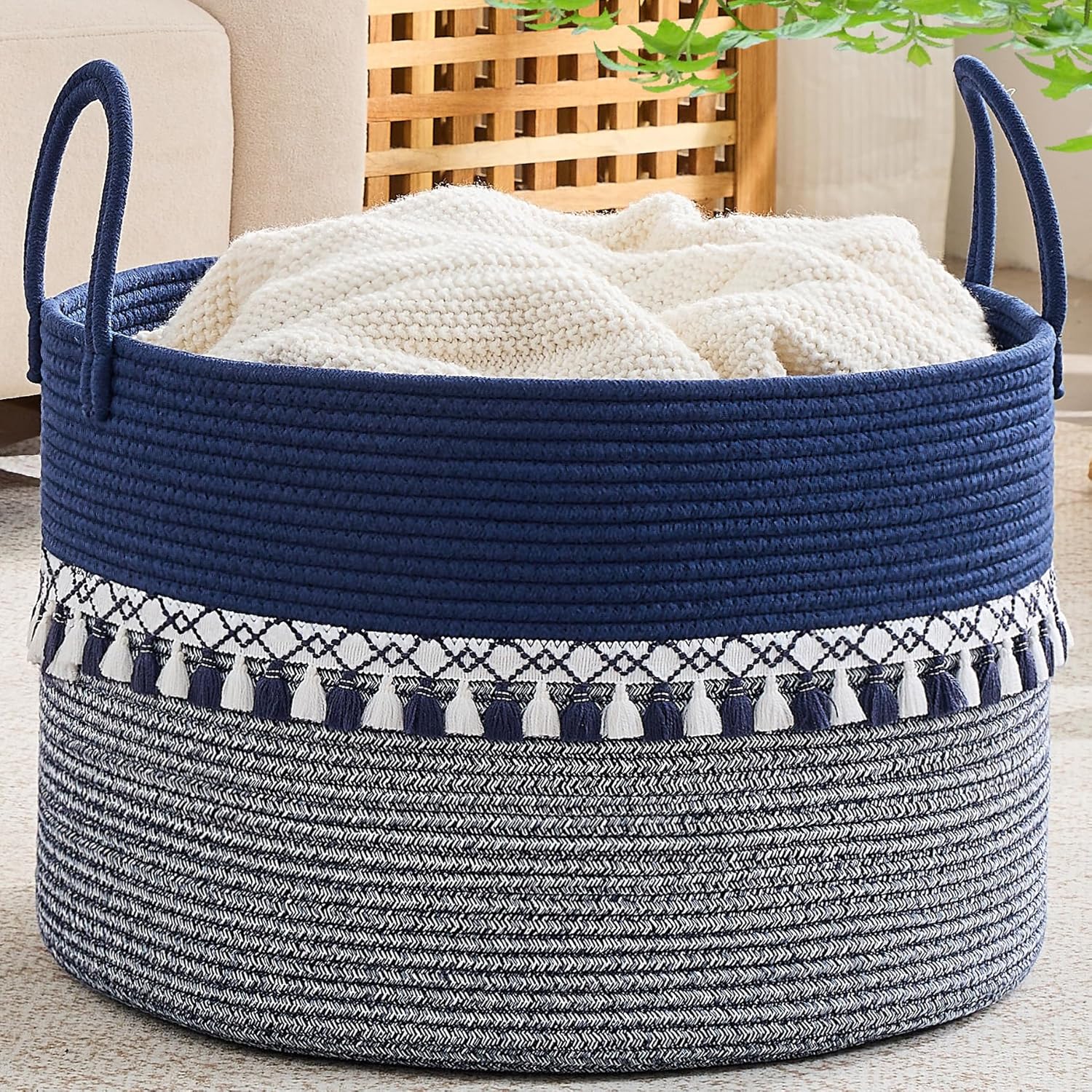 Boho Beige Throw Pillow — 20" — Blue