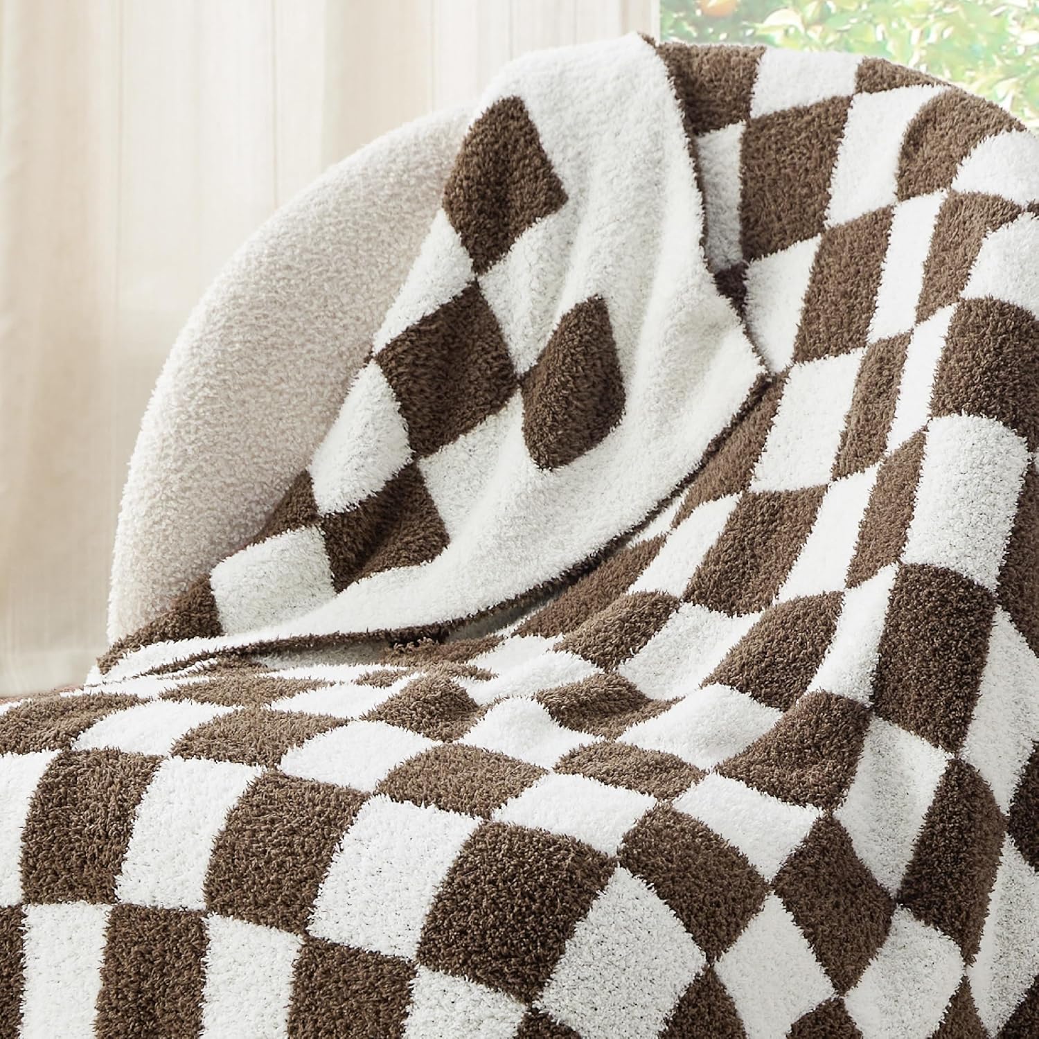 Knit Beige Throw Pillow — 50" — 14 - Checkered Brown