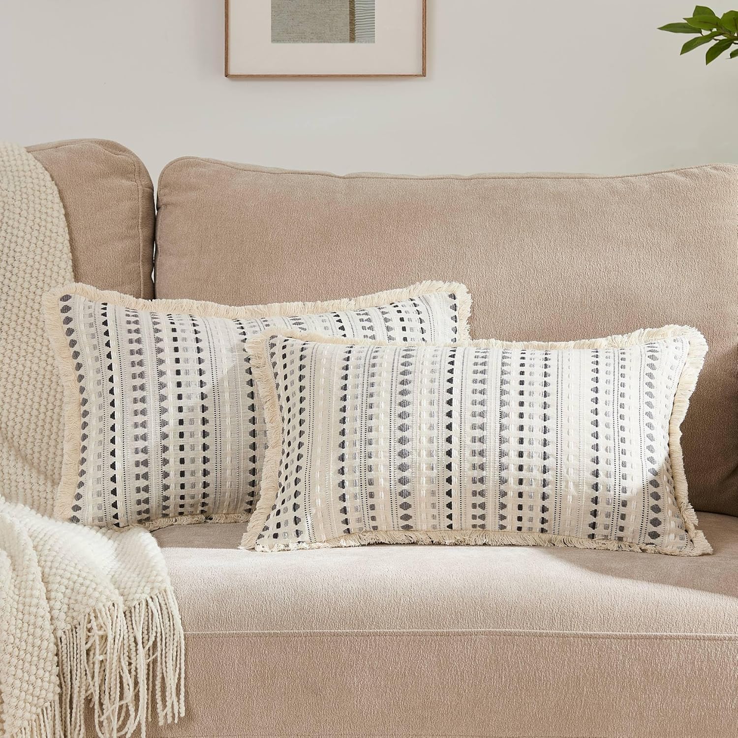 Embroidered Boho Beige Throw Pillow Cover — 20" — Grey