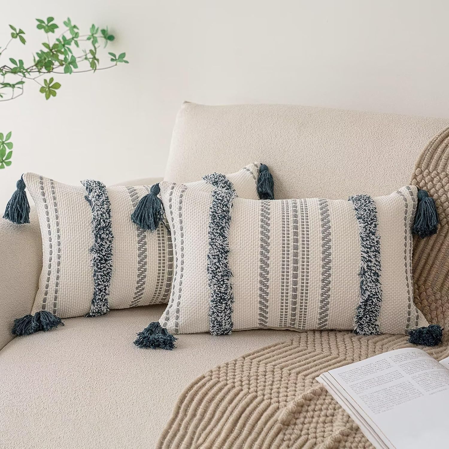 Tufted Boho Beige Throw Pillow Cover — 18" — Dark Blue