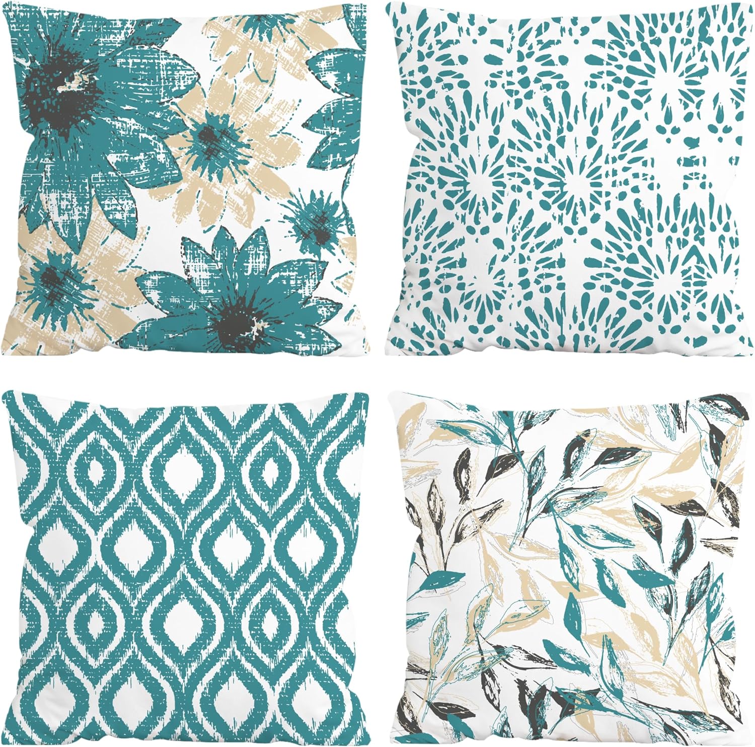 Boho Blue Throw Pillow Cover — 18" — Teal Blue Floral Leaves
