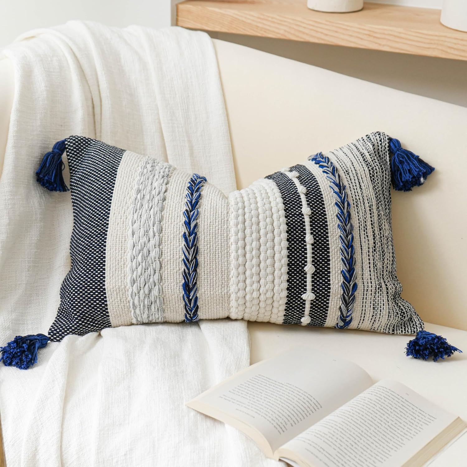 Lumbar Boho Blue Pillow Cover — 36" — 24" x 14" (Pack of 1)