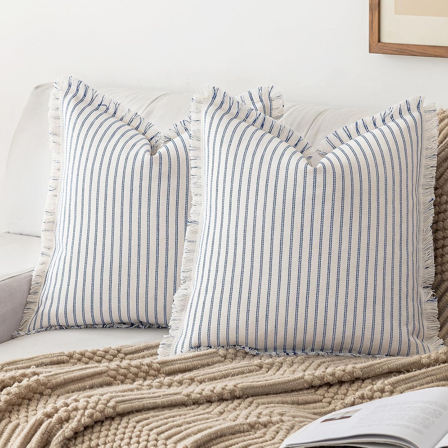 Boho Beige Throw Pillow Cover — 18" — Blue