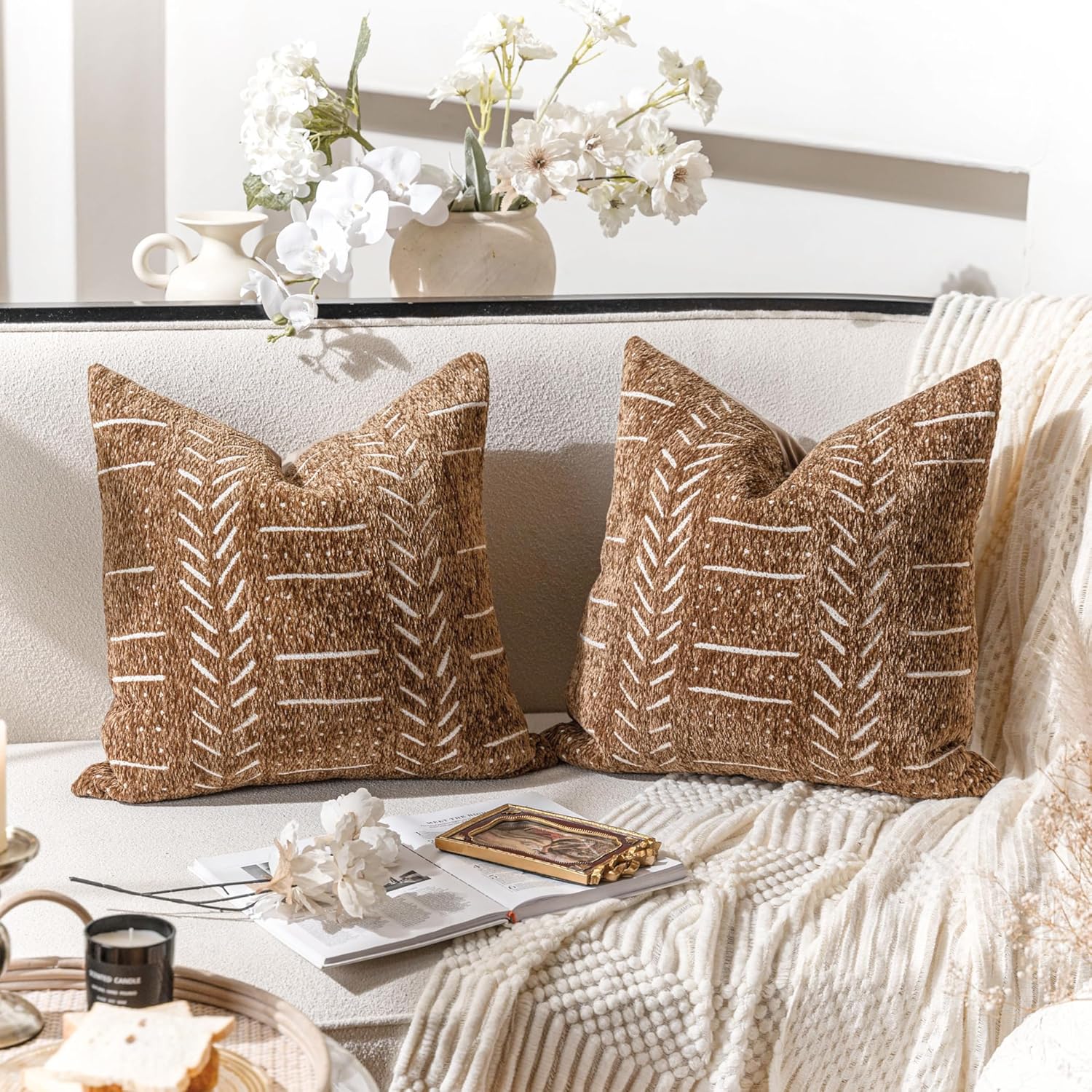 Lumbar Boho Beige Throw Pillow Cover — 20" — 18" x 18" (Pack of 2)
