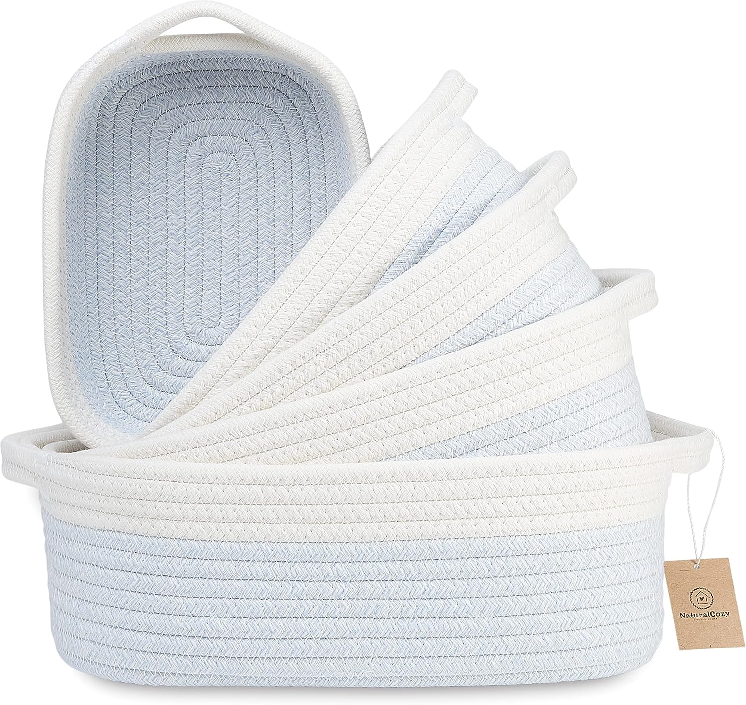 Boho Beige Woven Basket — Off White & Mixed Blue