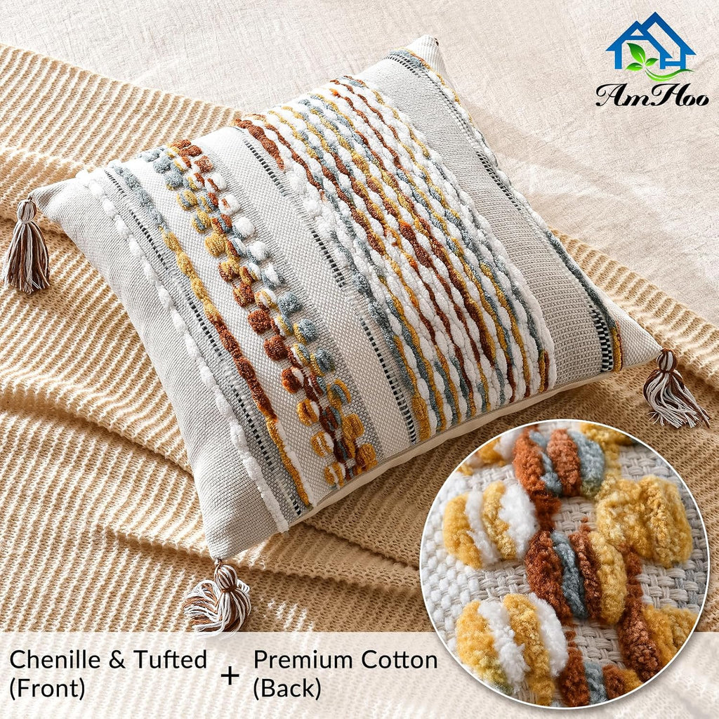 Chenille Boho Beige Throw Pillow Cover — 18" - View 2
