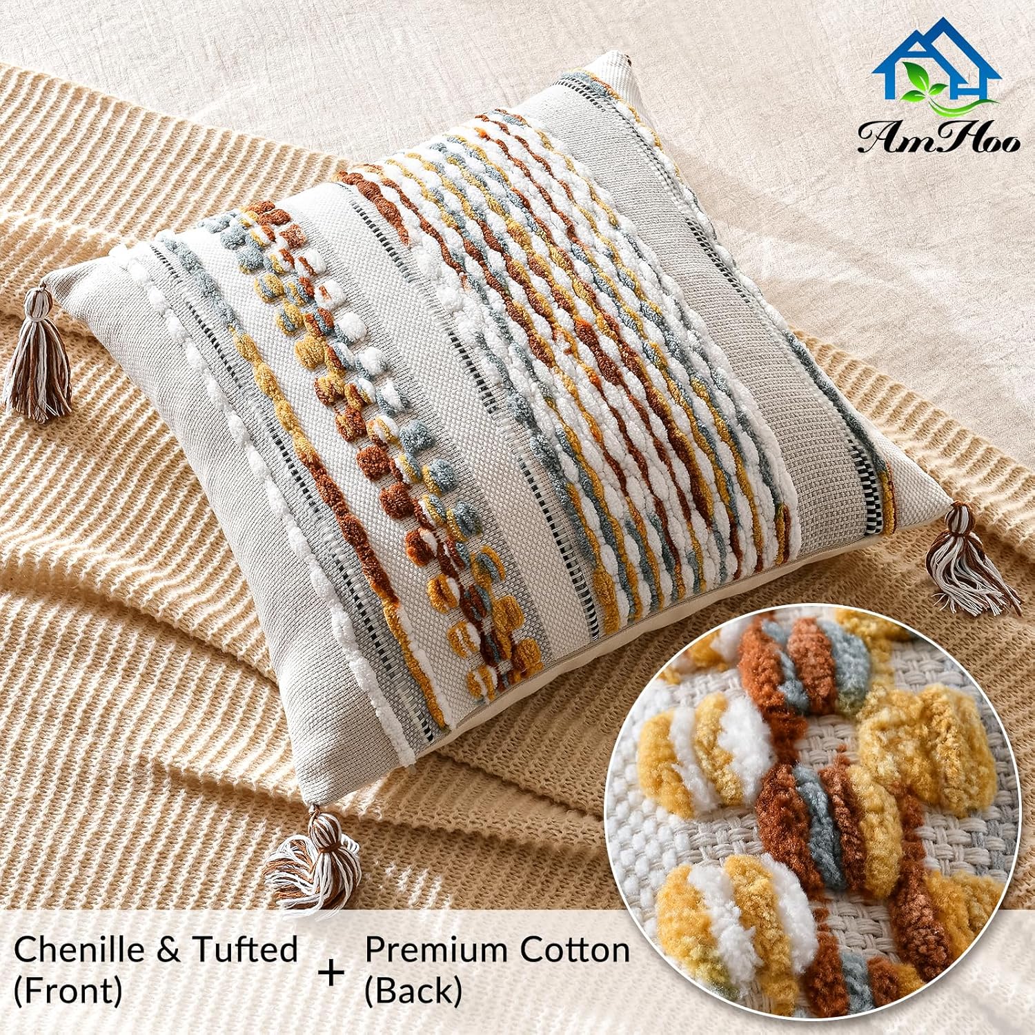 Chenille Boho Beige Throw Pillow Cover — 18" - View 2