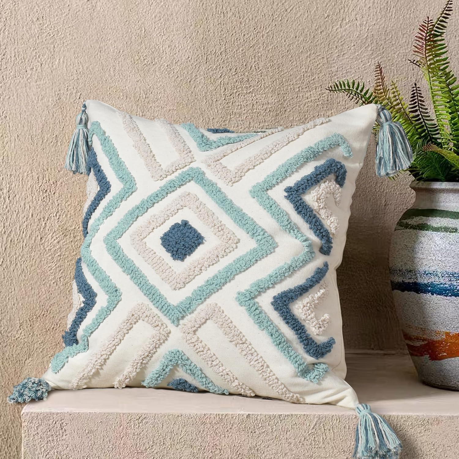 Tufted Boho Beige Throw Pillow Cover — 18" — Boho Multi-teal