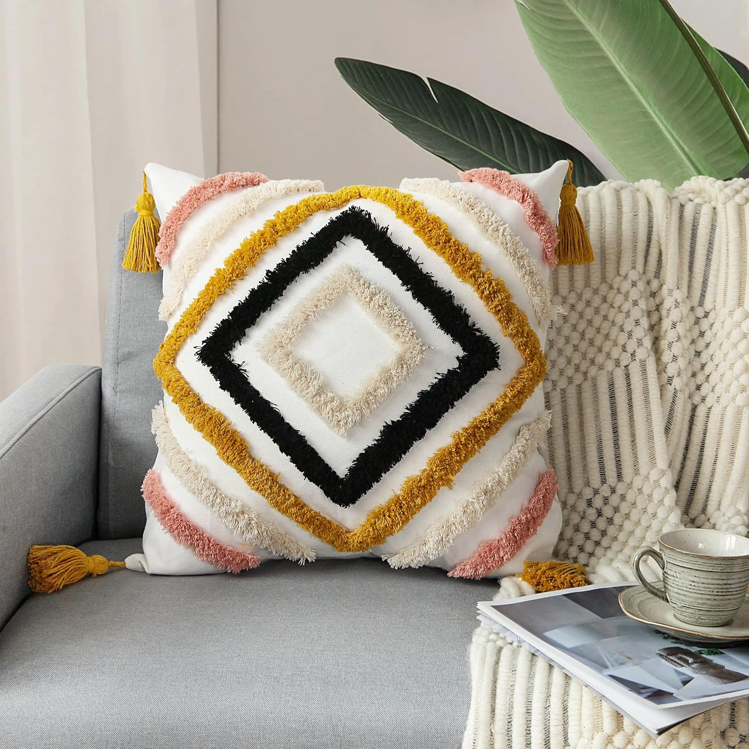 Tufted Boho Blue Throw Pillow Cover — 18" — Yellow
