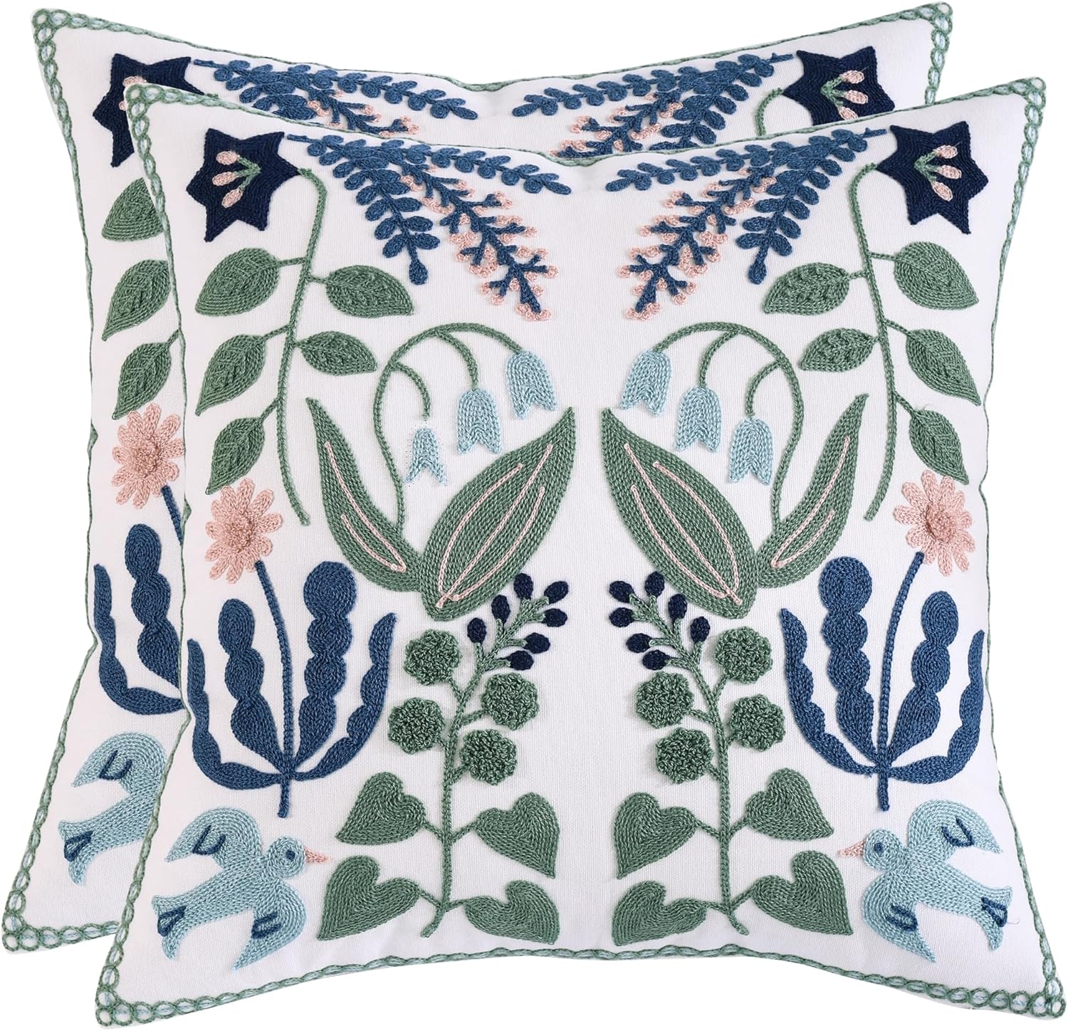 Embroidered Boho Green Throw Pillow Cover — 20" — Green Leaves With Swallows