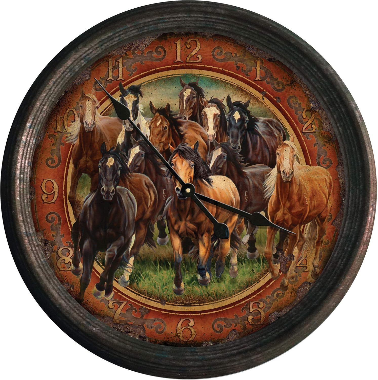 Battery-Operated Farmhouse Black Wall Clock — 15" — Horse Scene