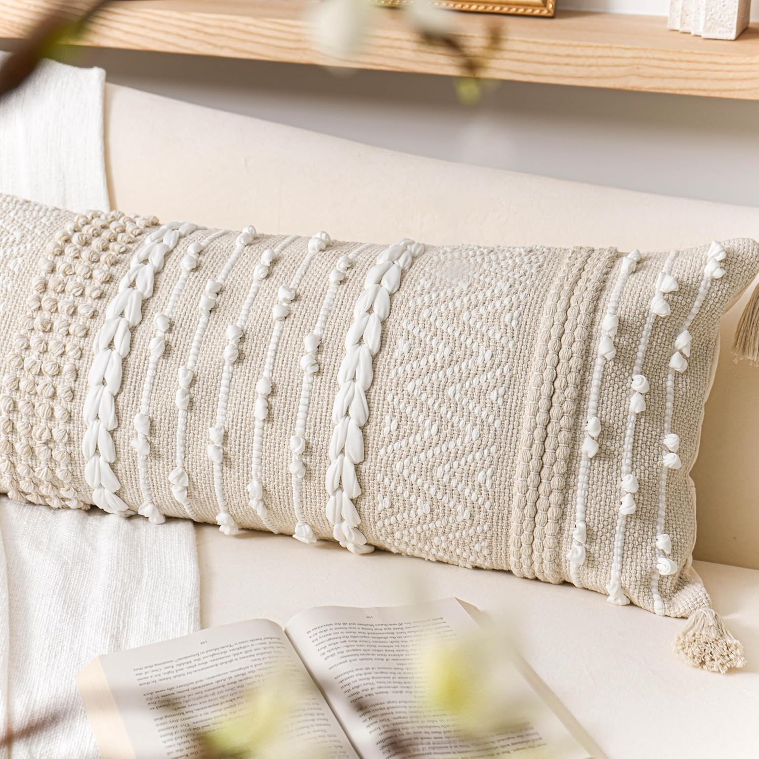 Lumbar Boho Beige Throw Pillow Cover — 36" - View 8