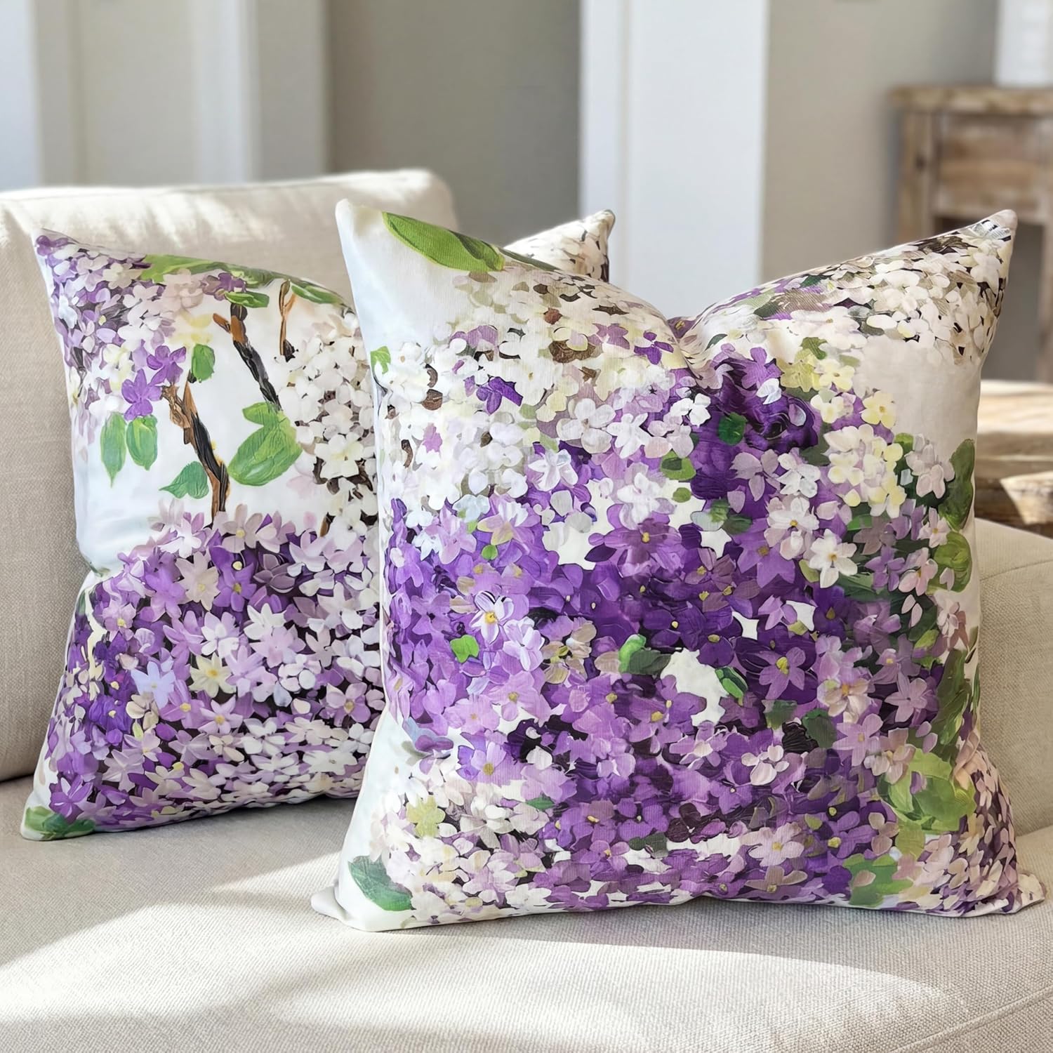 Velvet Boho Green Throw Pillow Cover — 18" — Purple Flower