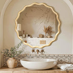 Round Farmhouse Beige Mirror — 24" — Natural Wood