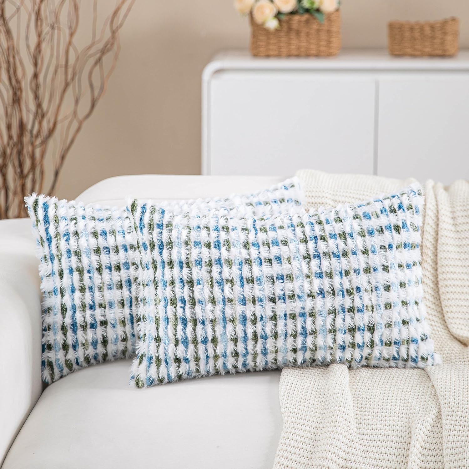 Tufted Boho Blue Throw Pillow Cover — 18" — Blue
