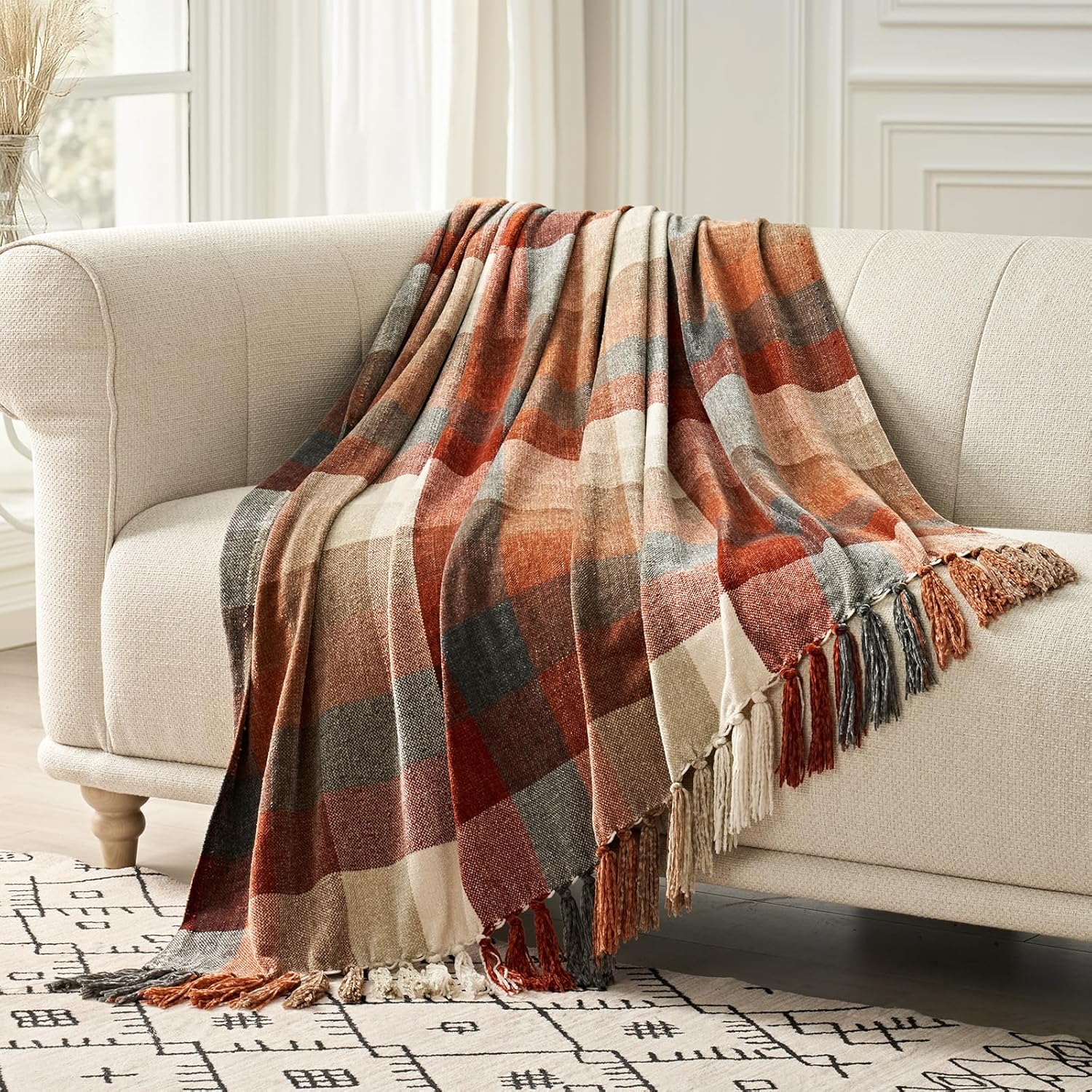 Knit Boho Beige Throw Pillow — 50" — Plaid Harvest Orange