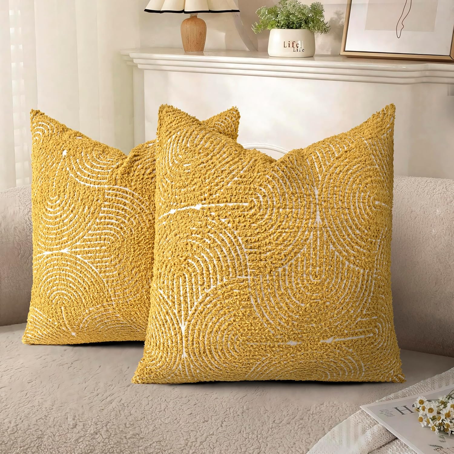 Tufted Boho Beige Throw Pillow Cover — 18" — Mustard Yellow