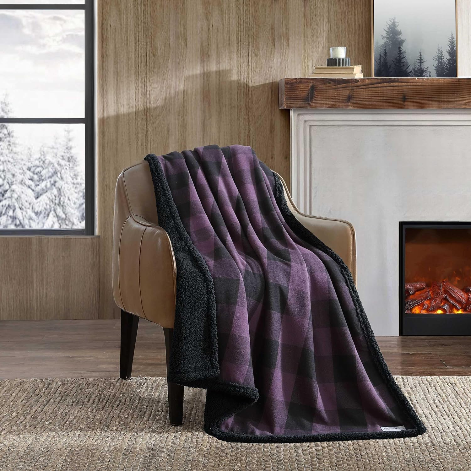 Beige Throw Pillow — 50x60 — Cabin Plaid Purple