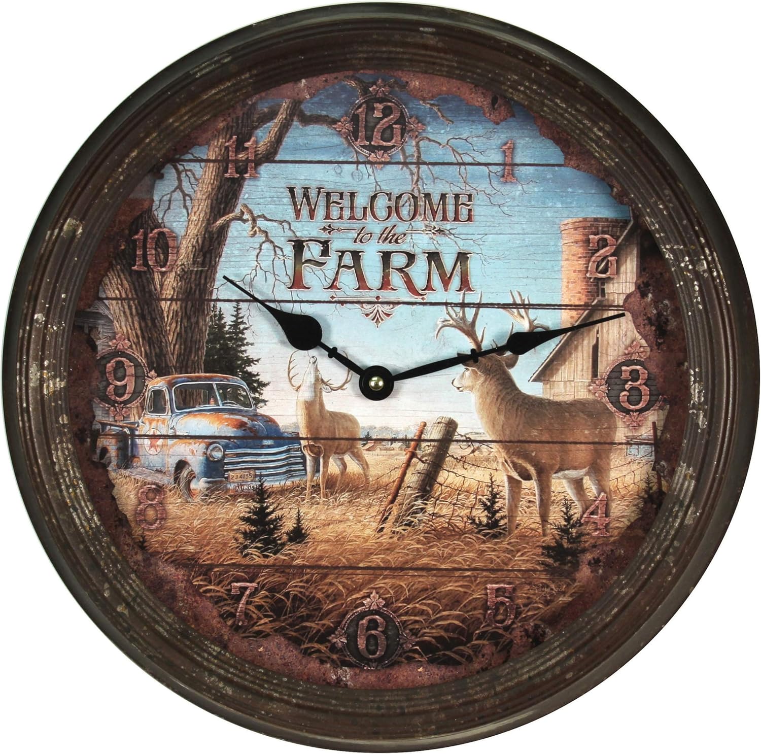 Battery-Operated Farmhouse Black Wall Clock — 15" — Deer Scene