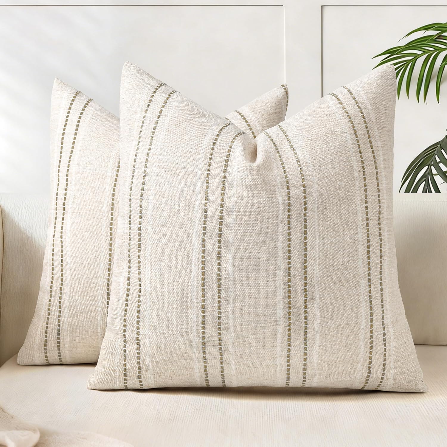 Linen Boho Fabric Throw Pillow Cover — 18" — Beige With White & Brown