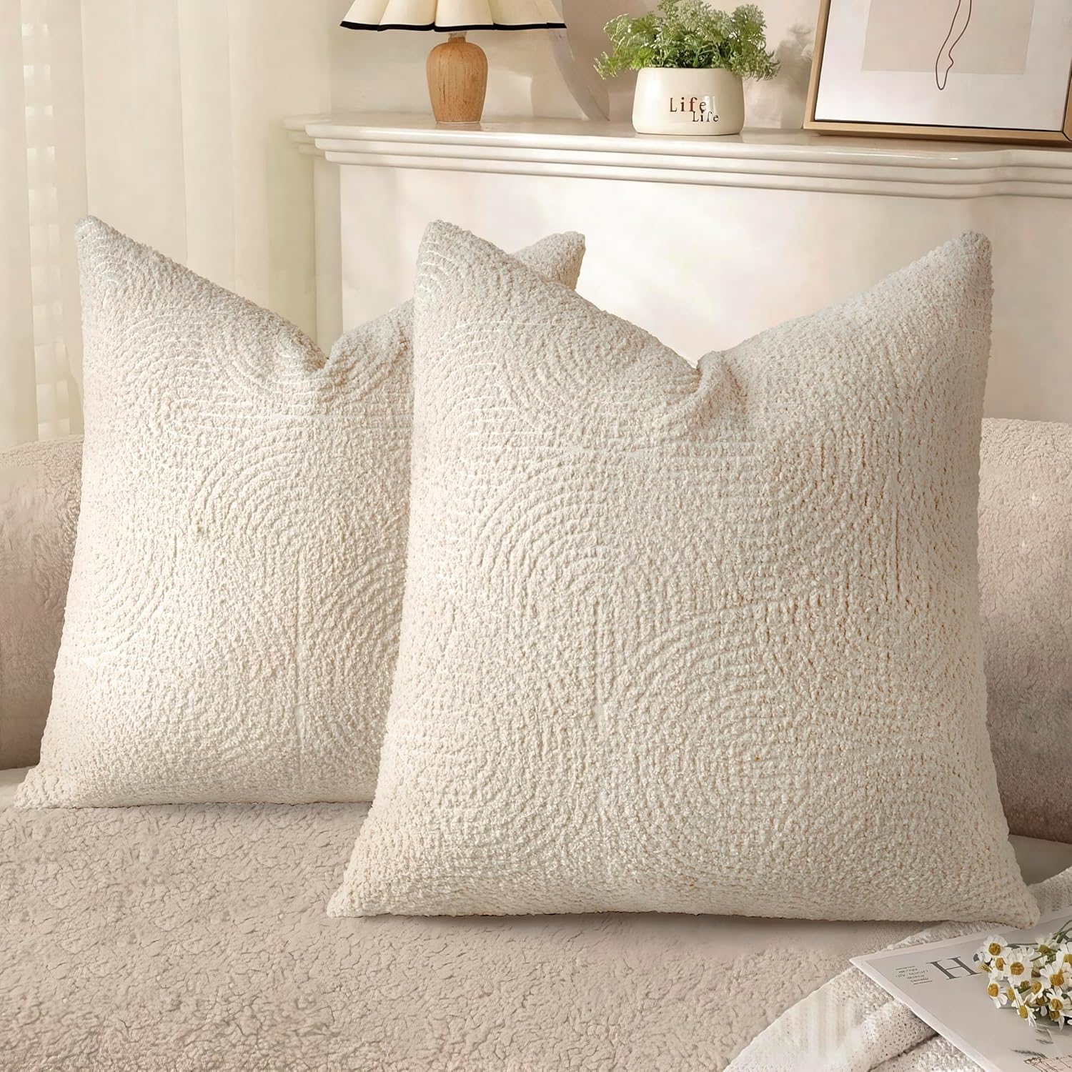 Tufted Boho Beige Throw Pillow Cover — 18" — Beige