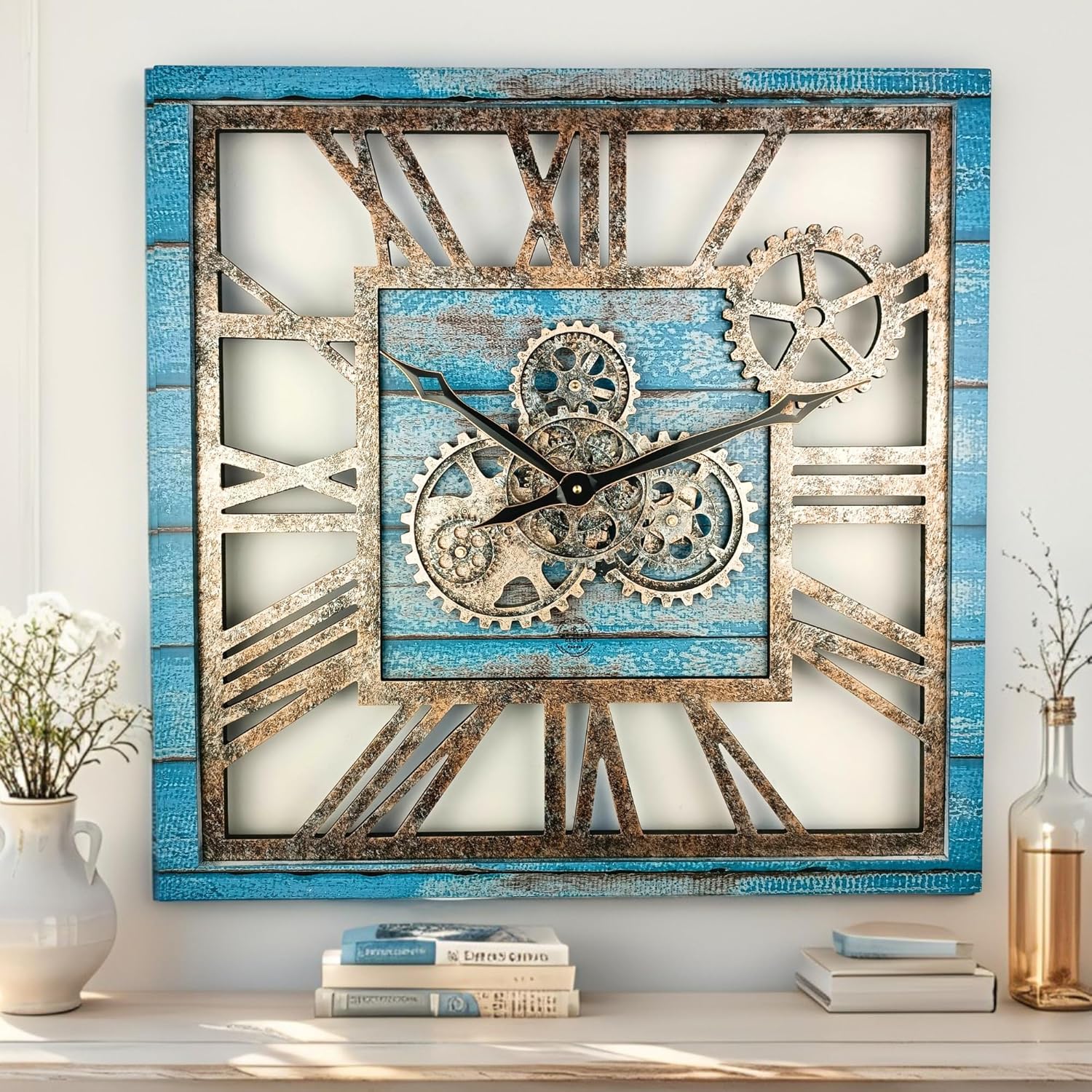 Oversized Farmhouse Beige Wall Clock — 24" — Ocean Blue
