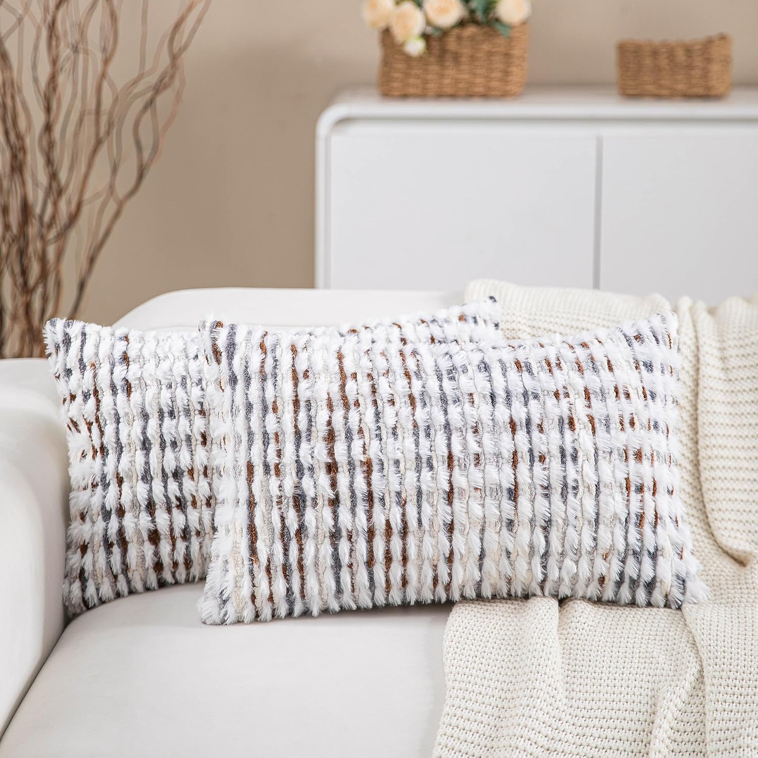 Tufted Boho Blue Throw Pillow Cover — 18" — Brown