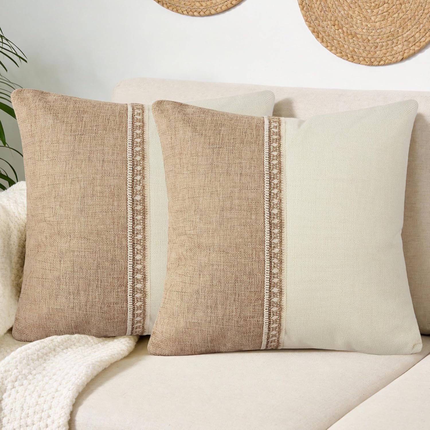 Linen Boho Beige Throw Pillow Cover — 18" — Vertical Trim-beige