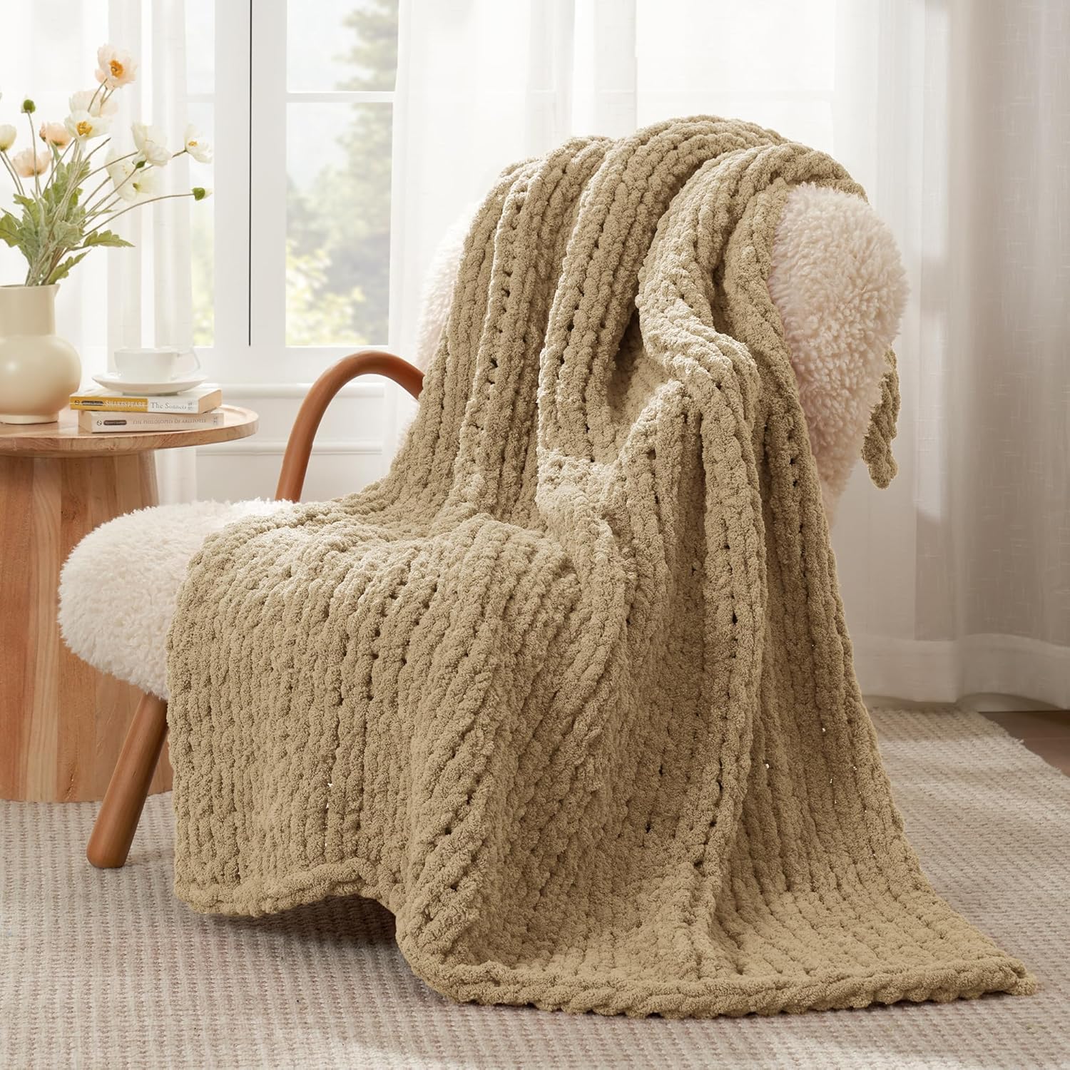 Knit Beige Throw Pillow — 50" — Beige