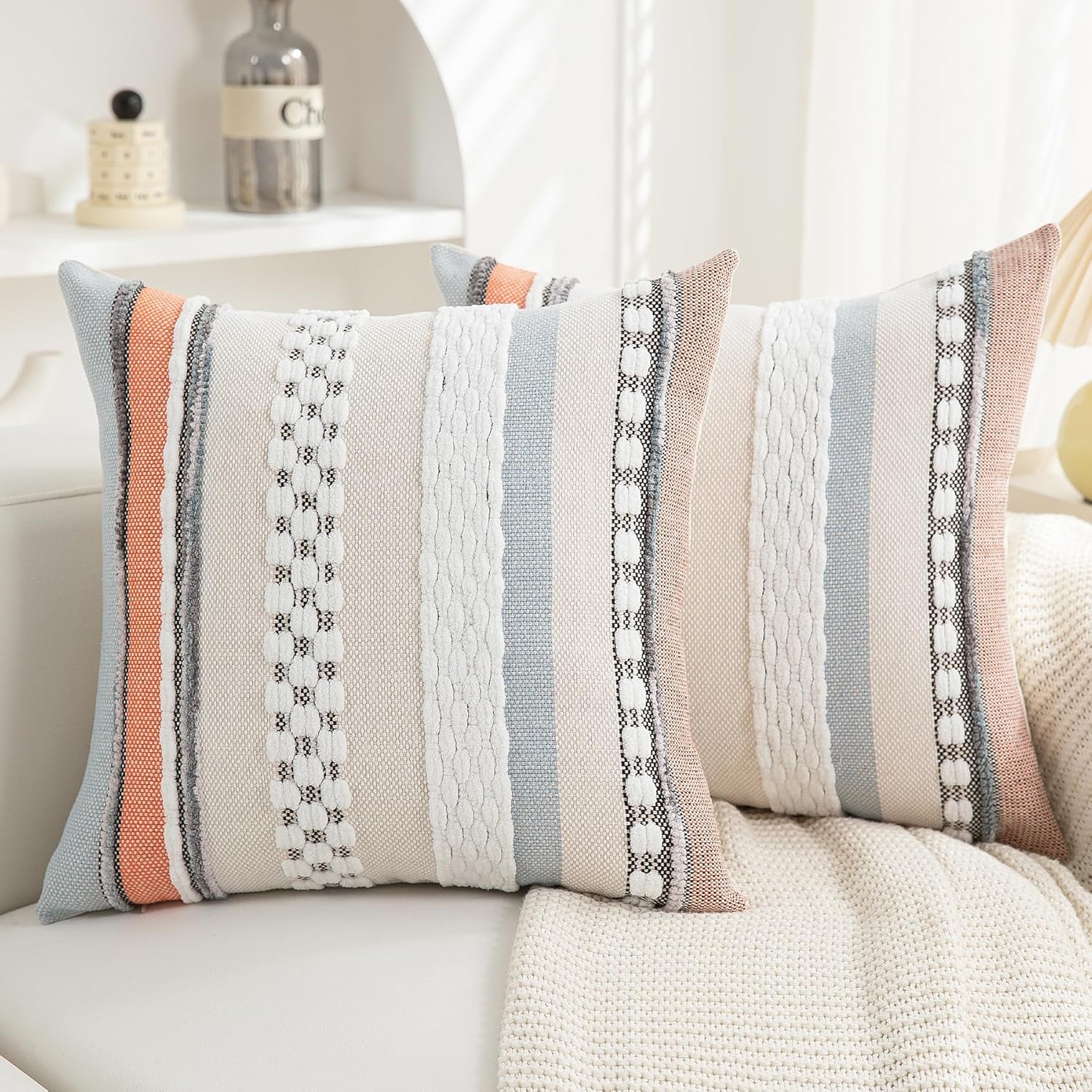 Chenille Boho Black Throw Pillow Cover — 18x18 — Orange-blue Stripe