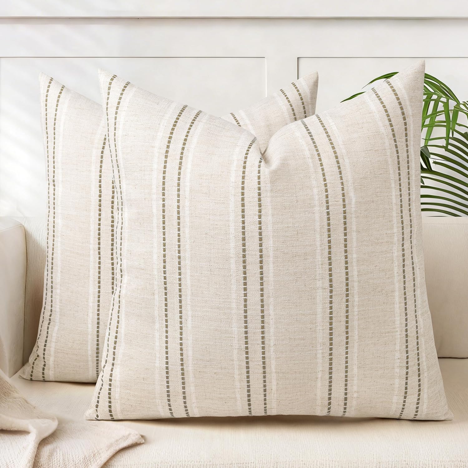 Linen Boho Fabric Throw Pillow Cover — 18" — Beige With White & Brown