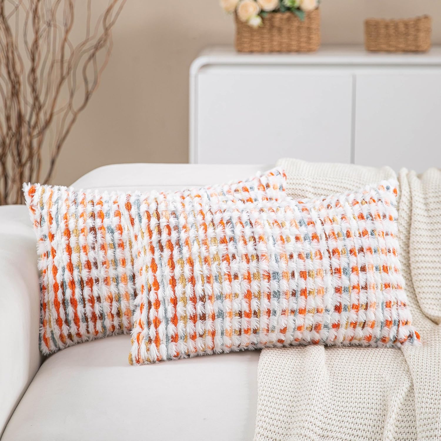 Tufted Boho Blue Throw Pillow Cover — 18" — Orange