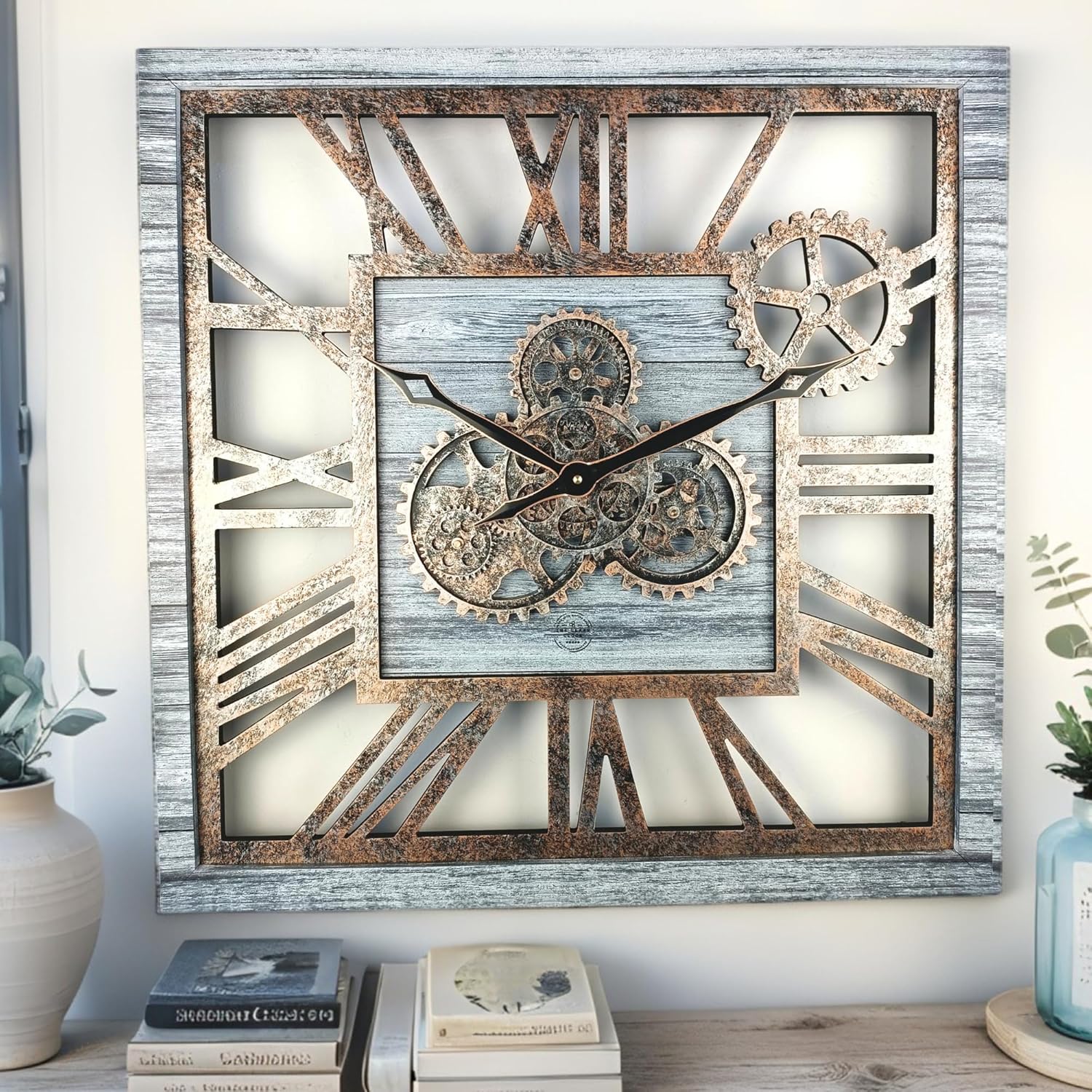 Oversized Farmhouse Beige Wall Clock — 24" — Silver Grey