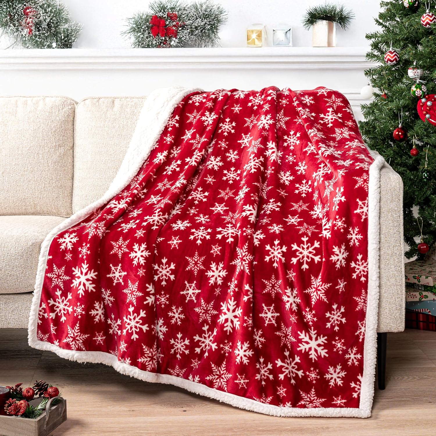 Beige Throw Pillow — 60x80 — Snowflake Red