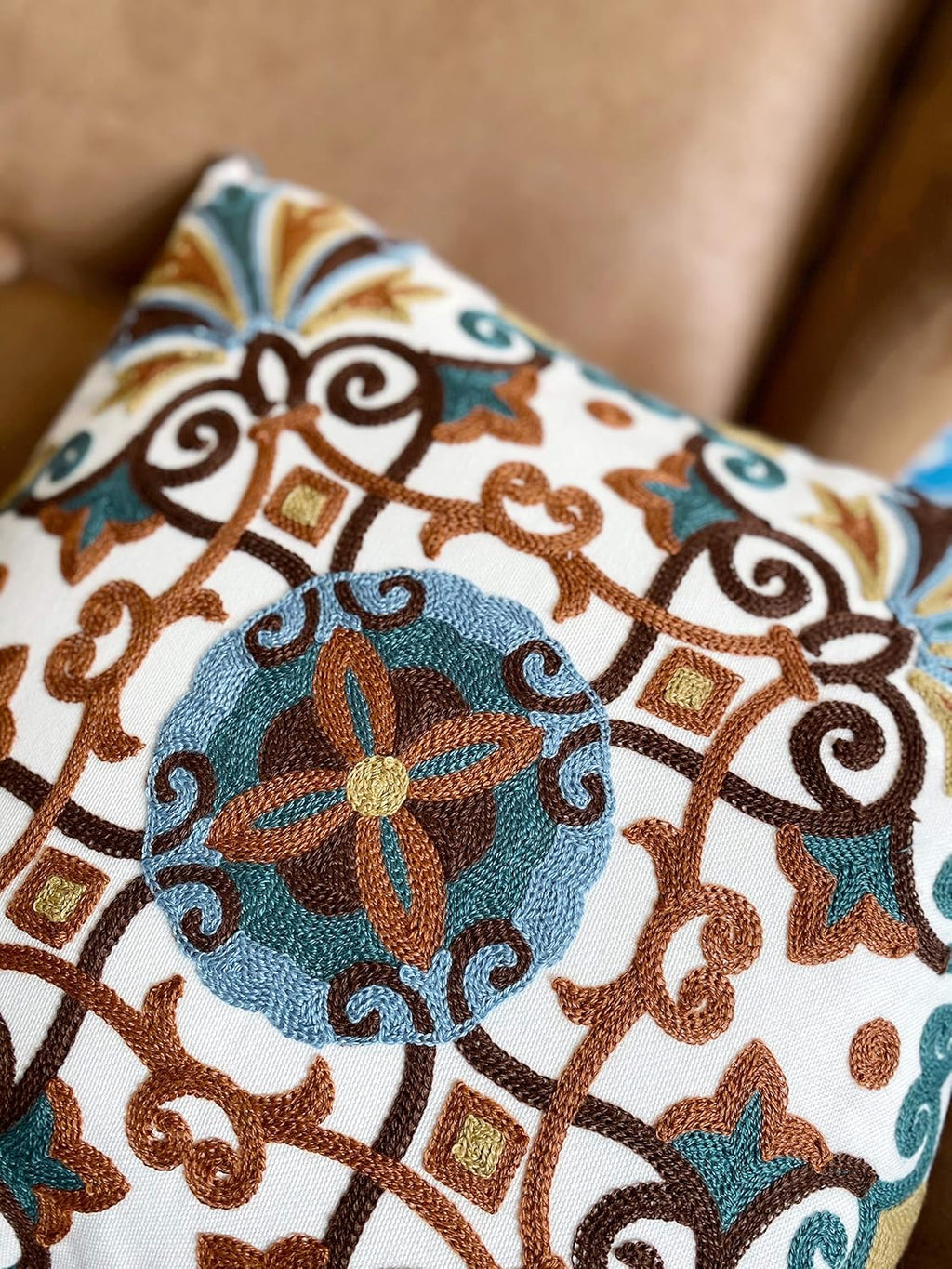 Embroidered Boho White Throw Pillow Cover — 18x18 - View 8