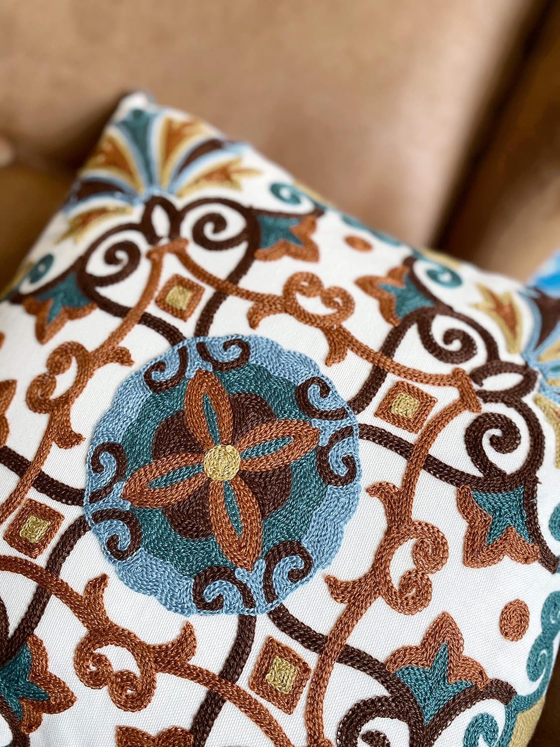 Embroidered Boho White Throw Pillow Cover — 18x18 - View 8