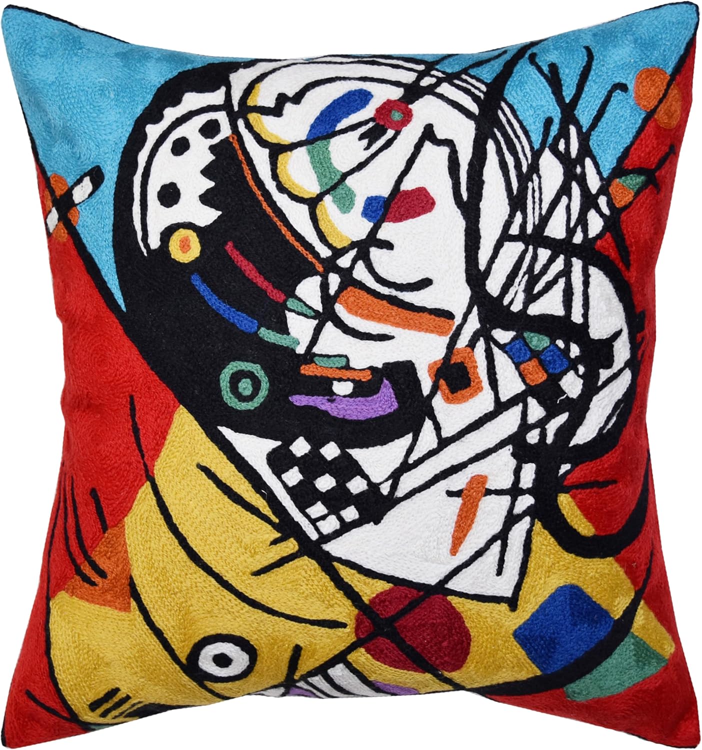 Embroidered Boho Blue Throw Pillow Cover — 18x18 — Red Balancement Kandinsky Pillow