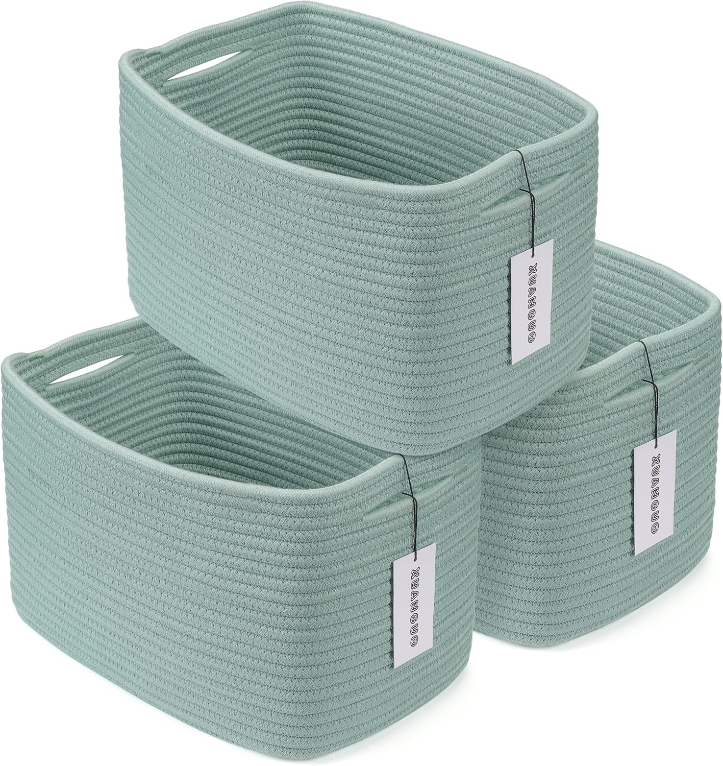 Boho Beige Woven Basket — 9.3" — Green