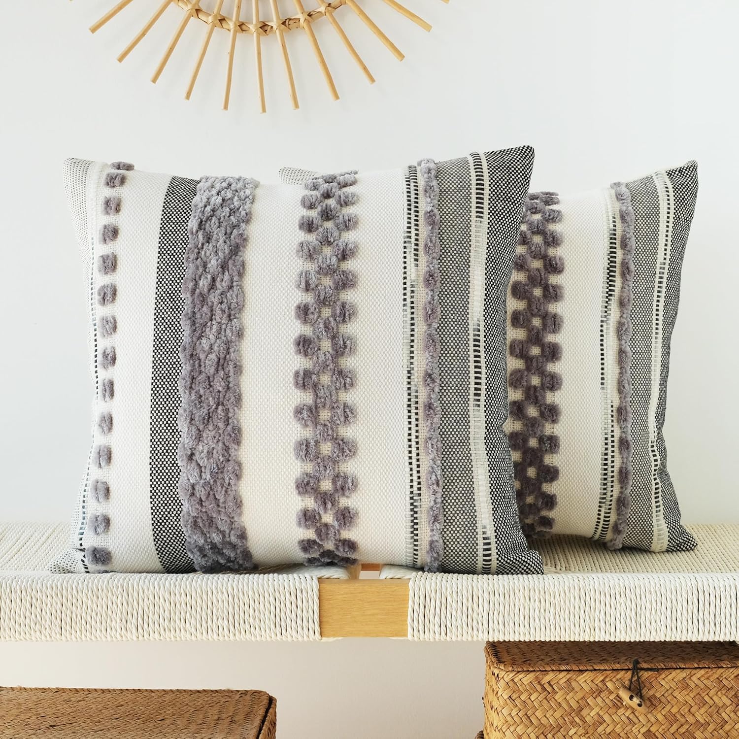 Boho Blue Throw Pillow Cover — 18" — Grey Stripe